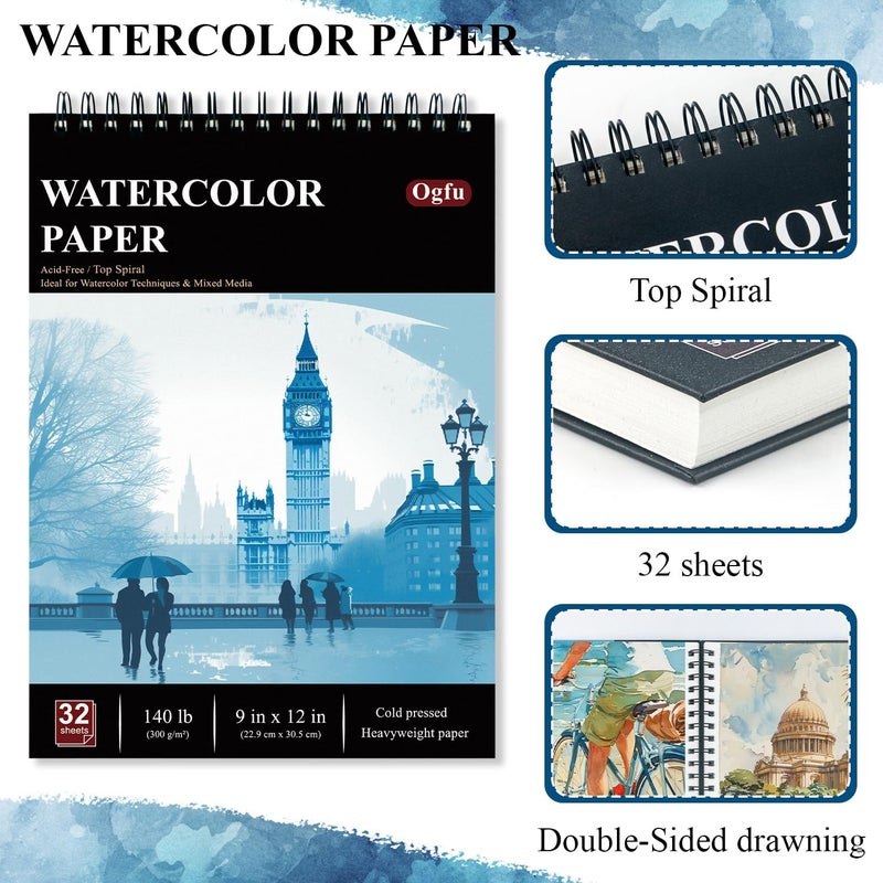 Ogfu 9"x12" Watercolor Sketchbook, 32 Sheets Watercolor Notebook, 140 lb / 300 GSM Watercolor Paper Sketchbook, Pack of 1, Cold Press, Watercolor Paper Pad, Water Color Paper for Artists & Professionals. - Image 4
